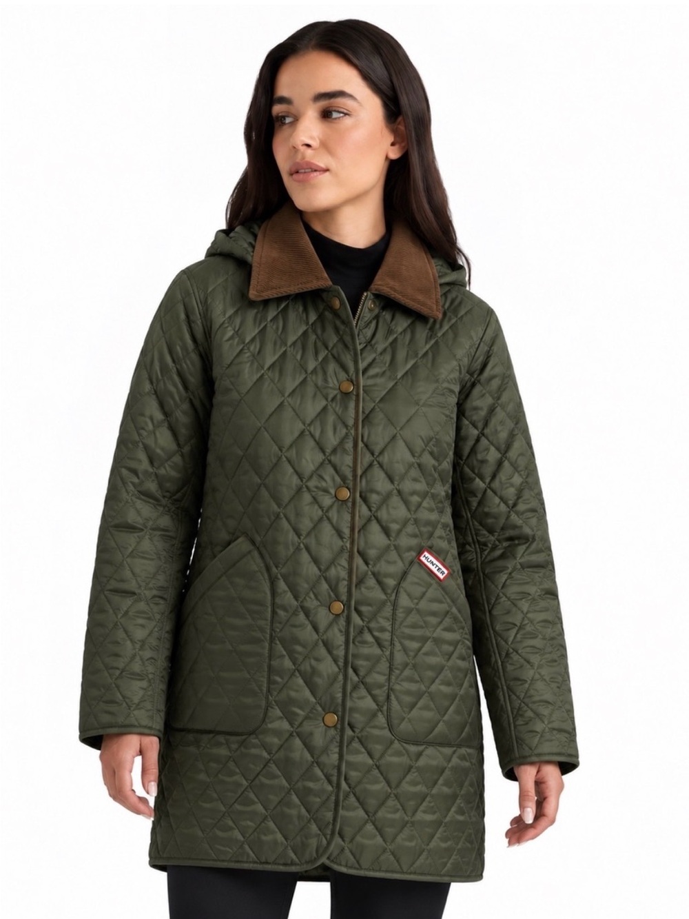 Hunter Olive Green Quilted Hooded Puffer with Brown Corduroy Collar